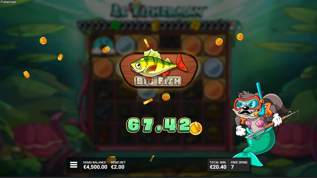 Le Fisherman slot game interface featuring Smokey the raccoon